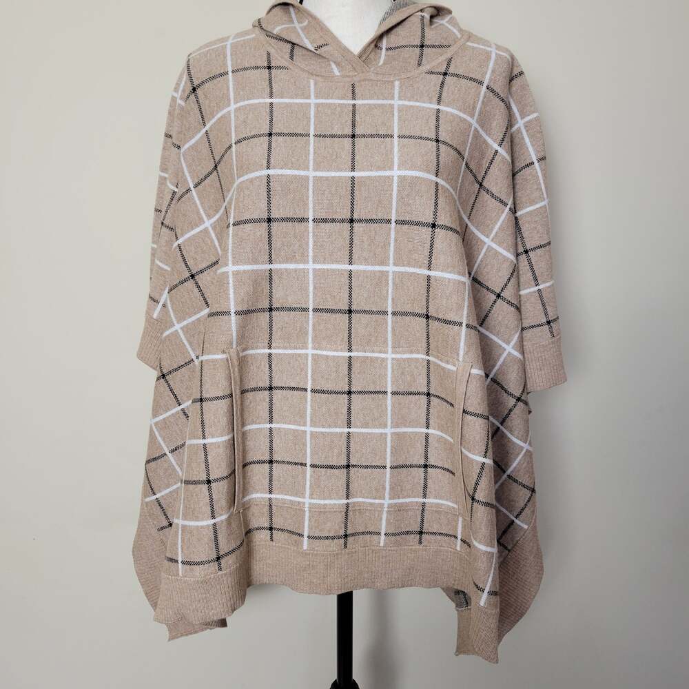 NWOT Tahari O/S Hooded Poncho Cape Sweater Pullover Tan Windowpane Plaid Soft